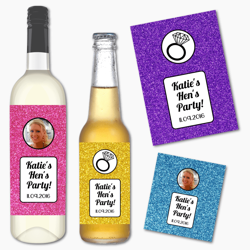 Glitter Print Hens Party Wine & Beer Labels with Photo