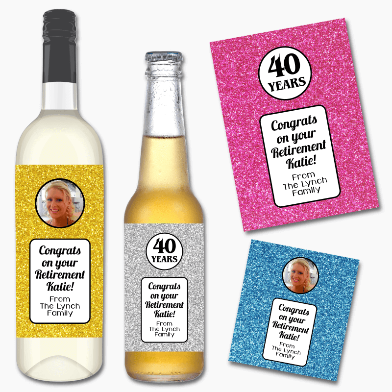Glitter Retirement Gift Wine & Beer Labels with Photo