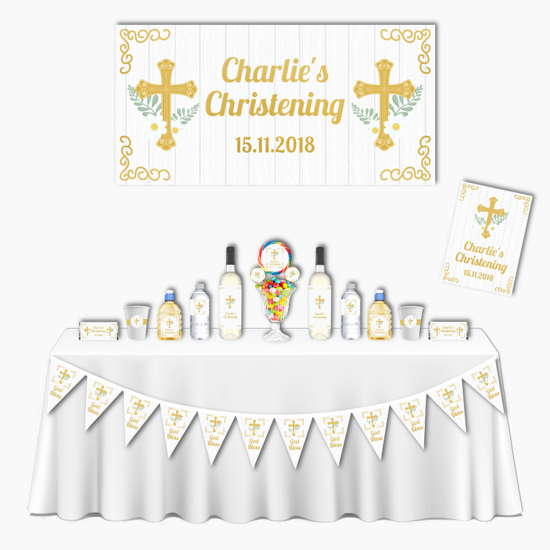 Personalised Gold Cross Deluxe Christening Decorations Pack