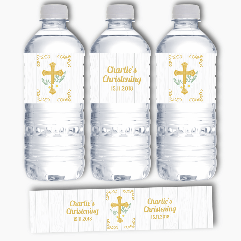 Personalised Gold Cross Christening Water Bottle Labels