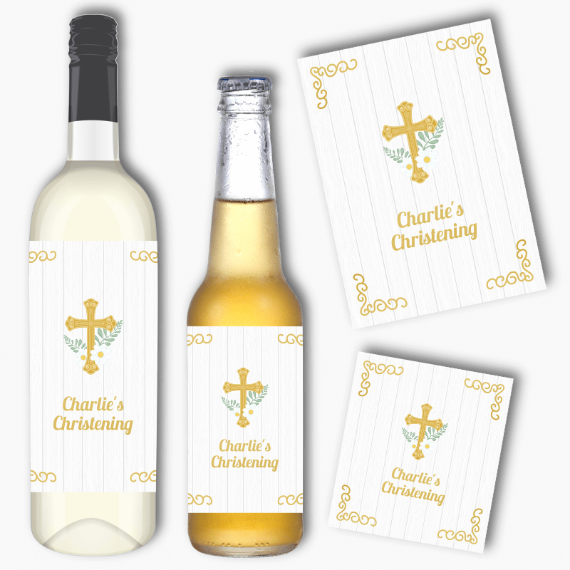 Personalised Gold Cross Christening Wine &amp; Beer Labels