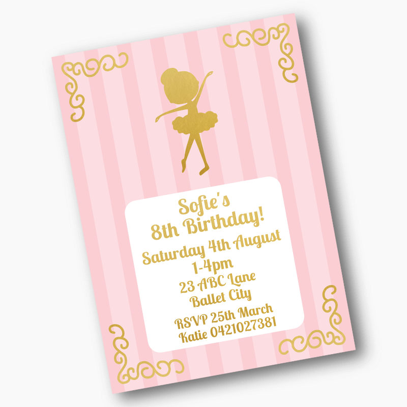 Personalised Dancing Gold Ballerina Birthday Party Invites