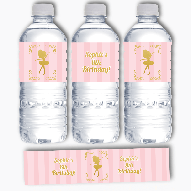 Personalised Dancing Gold Ballerina Birthday Party Water Bottle Labels