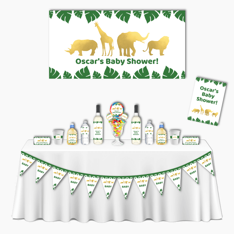 Personalised Gold Safari Jungle Animals Deluxe Baby Shower Decorations Pack