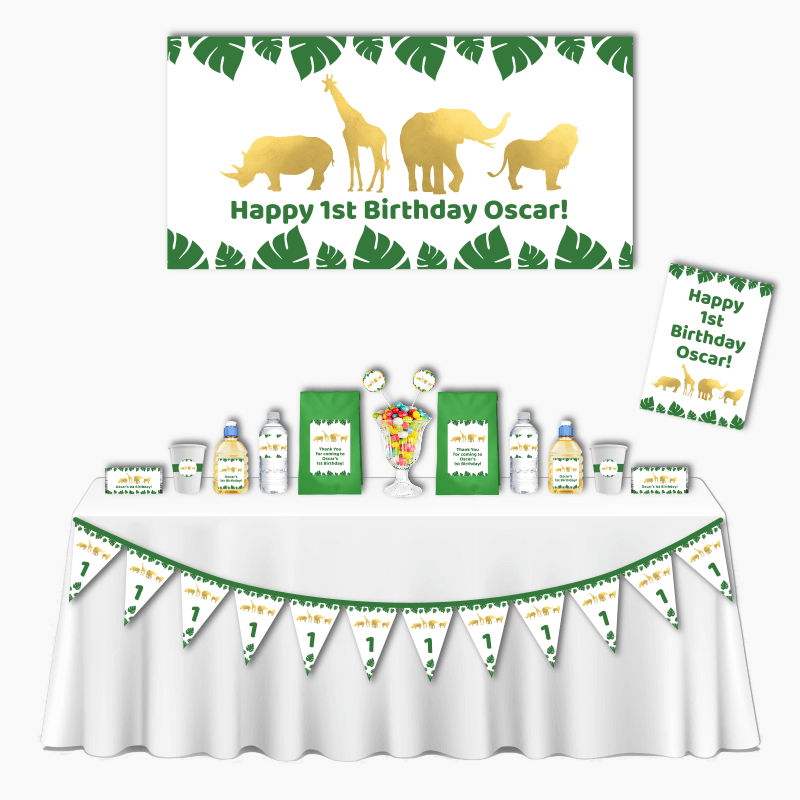 Personalised Gold Safari Jungle Animals Deluxe Birthday Party Decorations Pack
