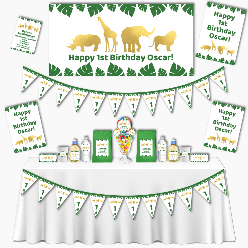 Personalised Gold Safari Jungle Animals Grand Birthday Party Decorations Pack