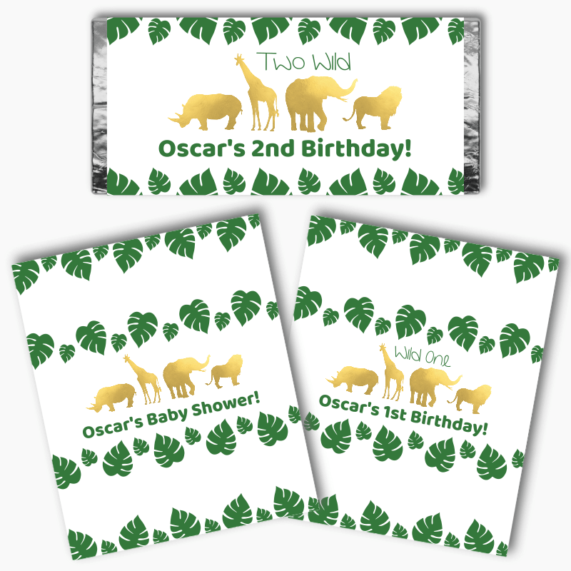 Personalised Gold Safari Jungle Animals Party Mini Chocolate Labels