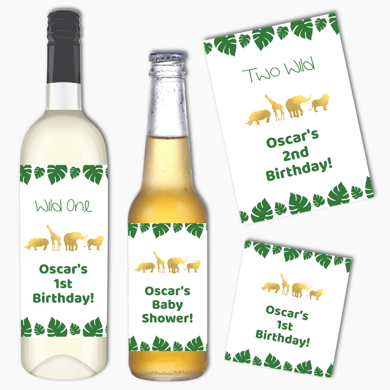 Personalised Gold Safari Jungle Animals Wine & Beer Labels