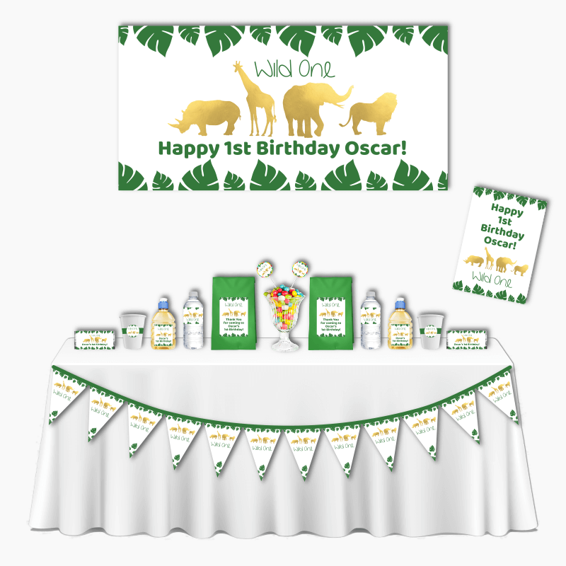 Personalised Gold Safari Jungle Animals Deluxe Wild One Party Decorations Pack