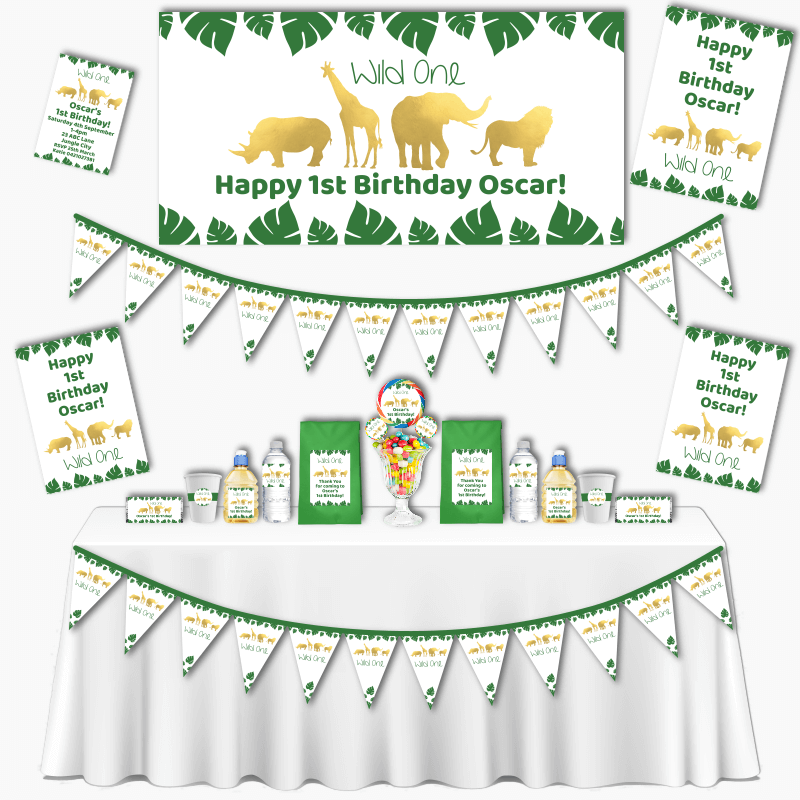 Personalised Gold Safari Jungle Animals Grand Wild One Party Decorations Pack