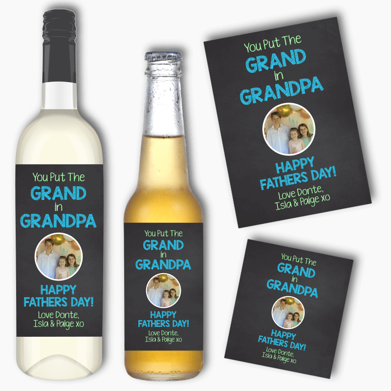 Grand in Grandpa Fathers Day Gift Wine &amp; Beer Labels with Photo