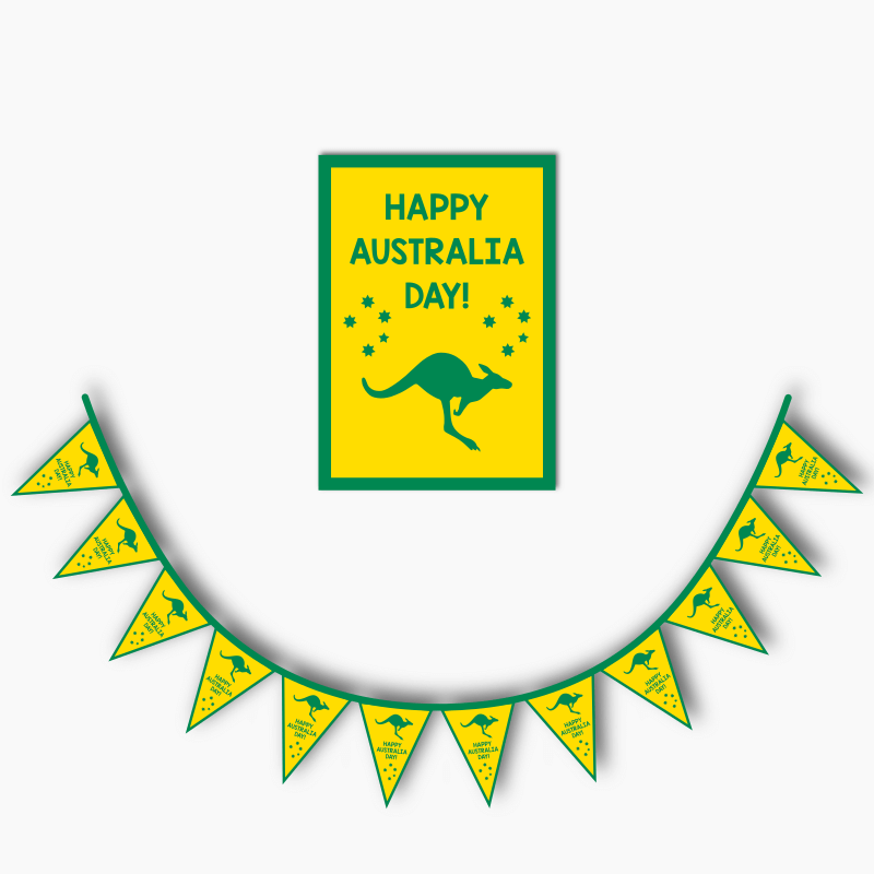 Green & Gold Kangaroo Australia Day Poster & Flag Bunting Combo