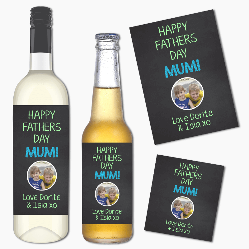 Happy Fathers Day Mum Gift Wine &amp; Beer Labels with Photo