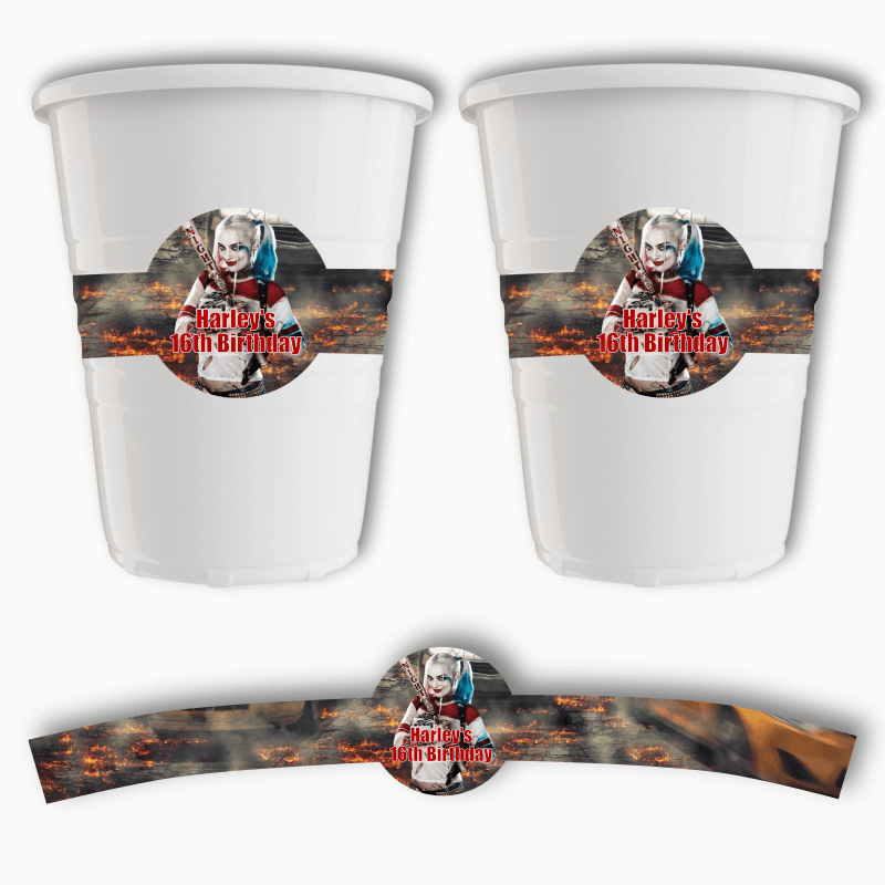 Personalised Harley Quinn Birthday Party Cup Stickers