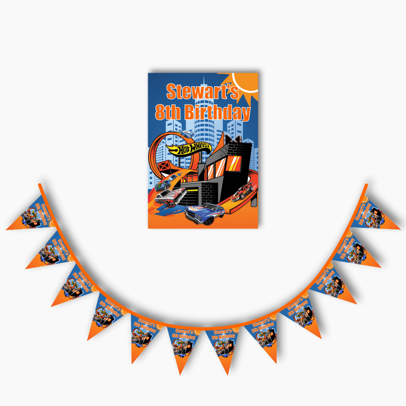 Personalised Hot Wheels Cars Party Poster &amp; Bunting Combo