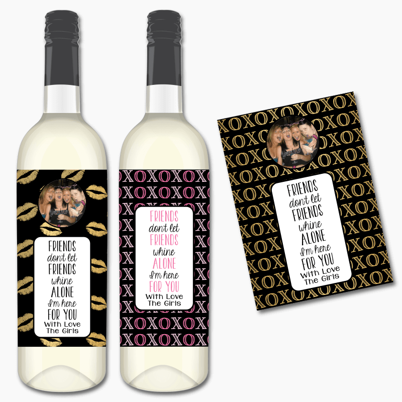 Hugs & Kisses Friend Gift Whine Alone Wine Labels with Photo