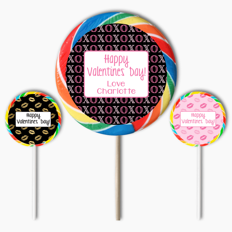 Hugs &amp; Kisses Valentines Day Gift Round Lollipop Stickers