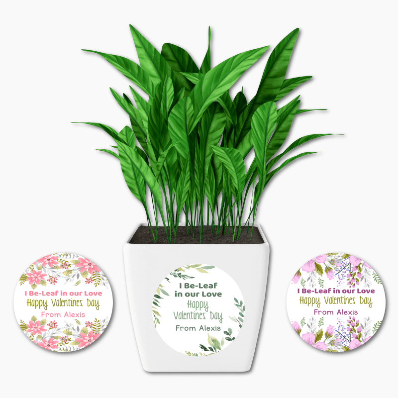 Personalised I Be-Leaf in our Love Valentines Day Gift Round Plant Stickers