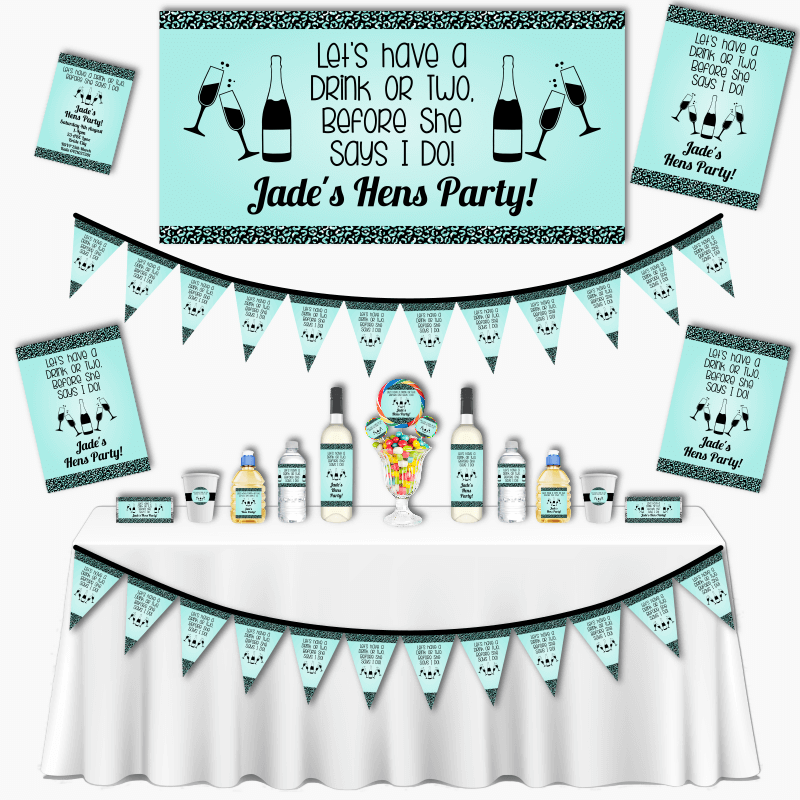 Personalised Aqua &amp; Black I Do Grand Hens Party Decorations Pack