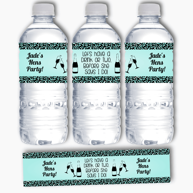 Personalised Aqua &amp; Black I Do Hens Party Water Bottle Labels