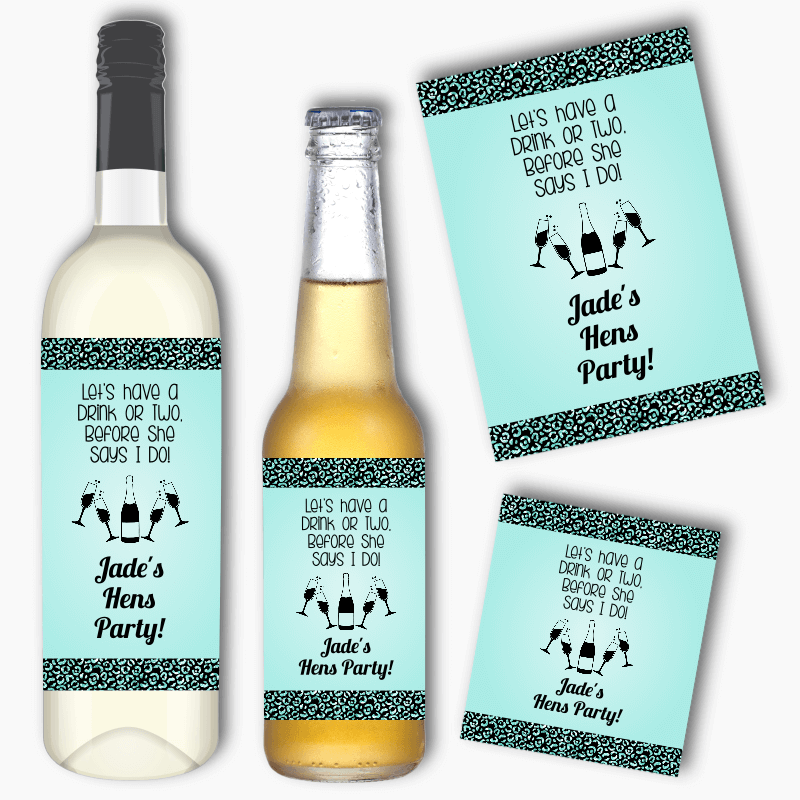 Personalised Aqua &amp; Black I Do Hens Party Wine &amp; Beer Labels