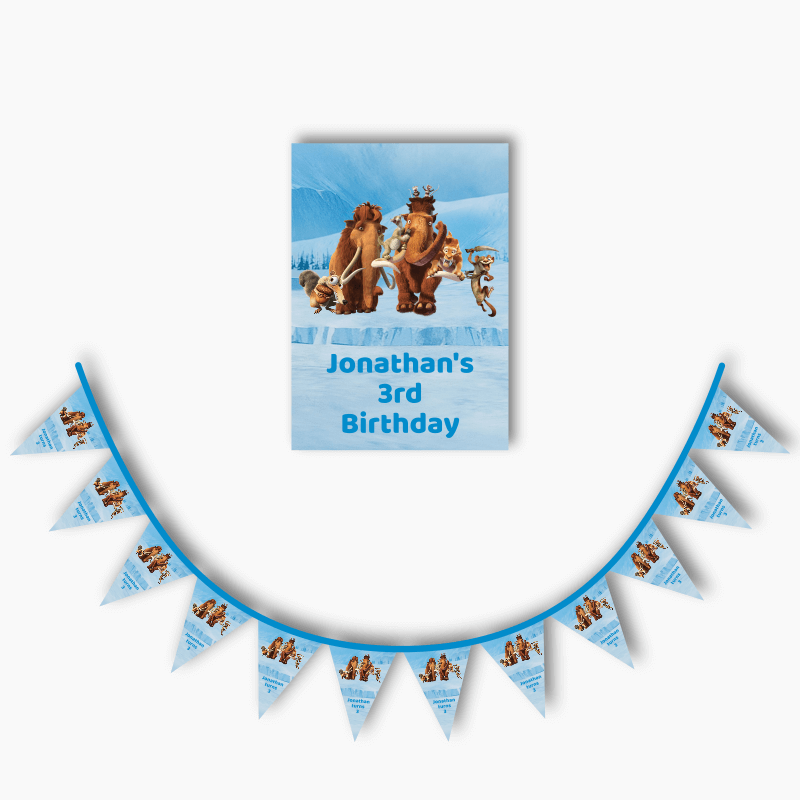 Personalised Ice Age Party Poster &amp; Flag Bunting Combo