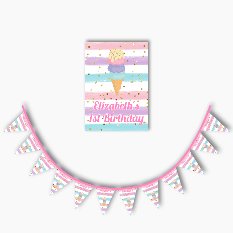 Personalised Ice Cream Party Poster &amp; Bunting Combo