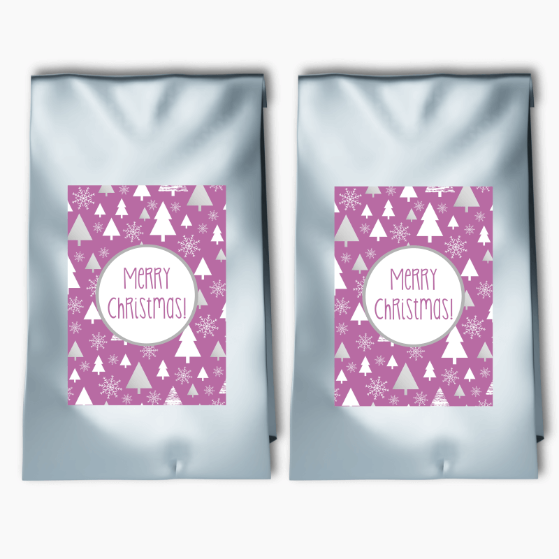 Joyous Purple Trees Christmas Party Bags & Labels
