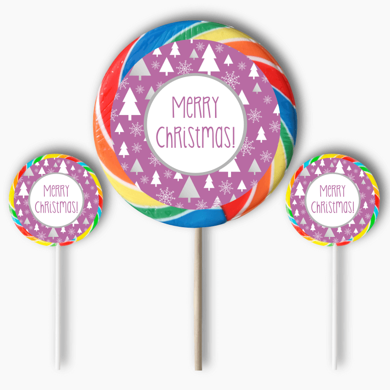 Joyous Purple Trees Christmas Party Round Stickers