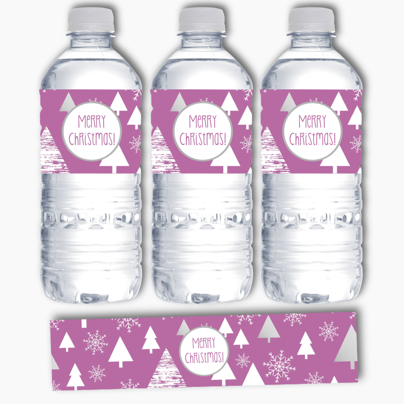 Joyous Purple Trees Christmas Party Water Bottle Labels