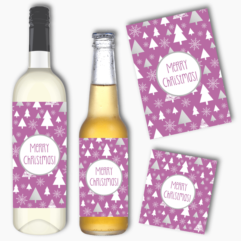Joyous Purple Trees Christmas Party Wine & Beer Labels