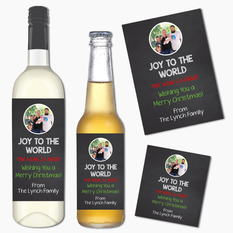 Joy to the World Christmas Gift Wine &amp; Beer Labels with Photo