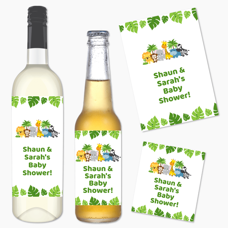 Personalised Jungle Animals Baby Shower Wine &amp; Beer Labels