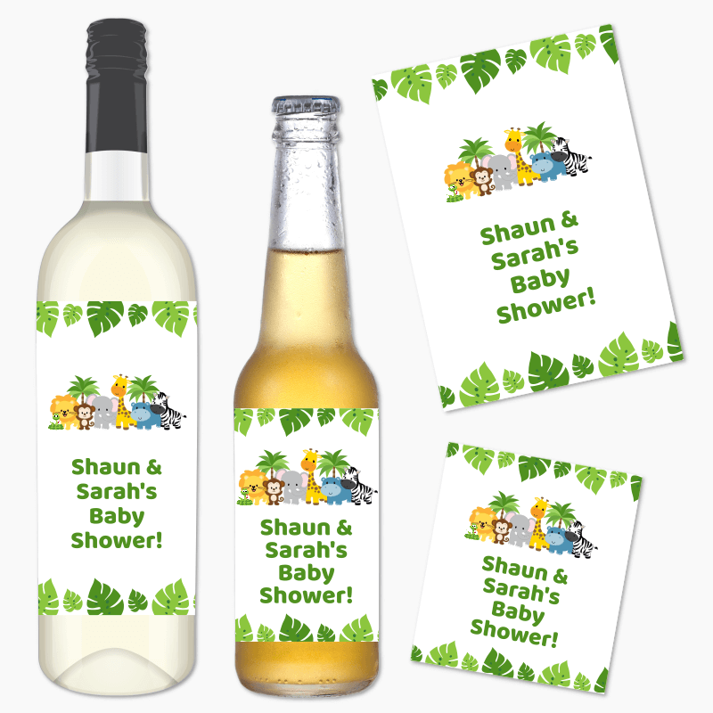 Personalised Jungle Animals Baby Shower Wine & Beer Labels