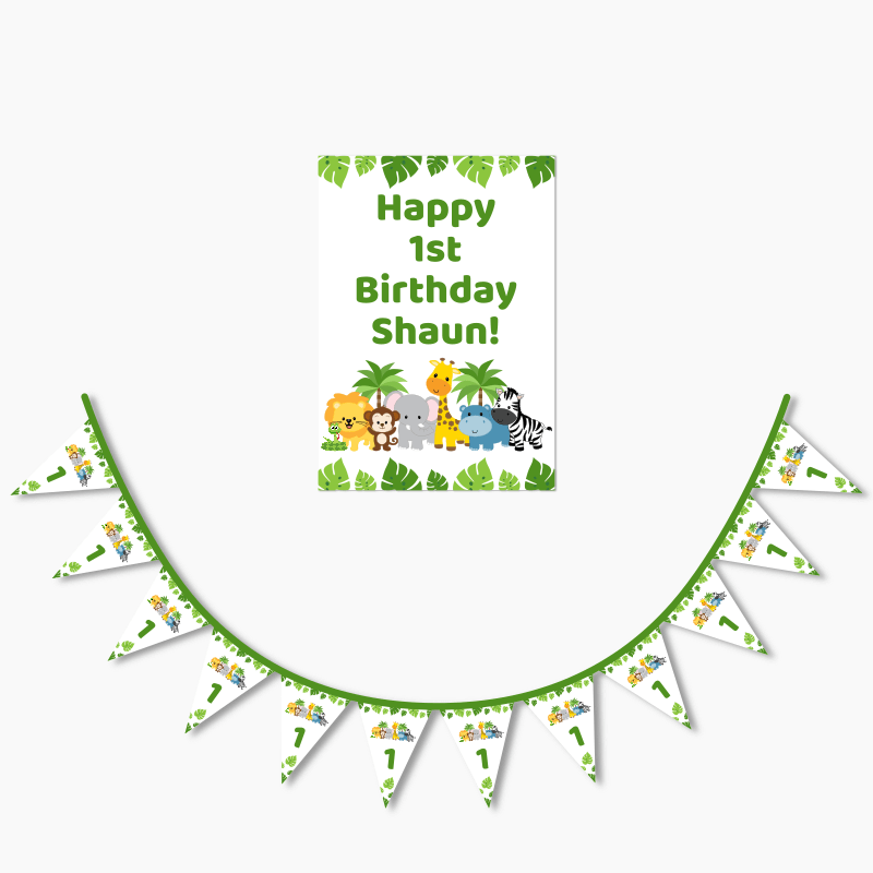 Personalised Jungle Animals Birthday Party Poster &amp; Flag Bunting Combo