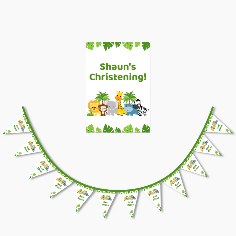 Personalised Jungle Animals Christening Poster &amp; Flag Bunting Combo