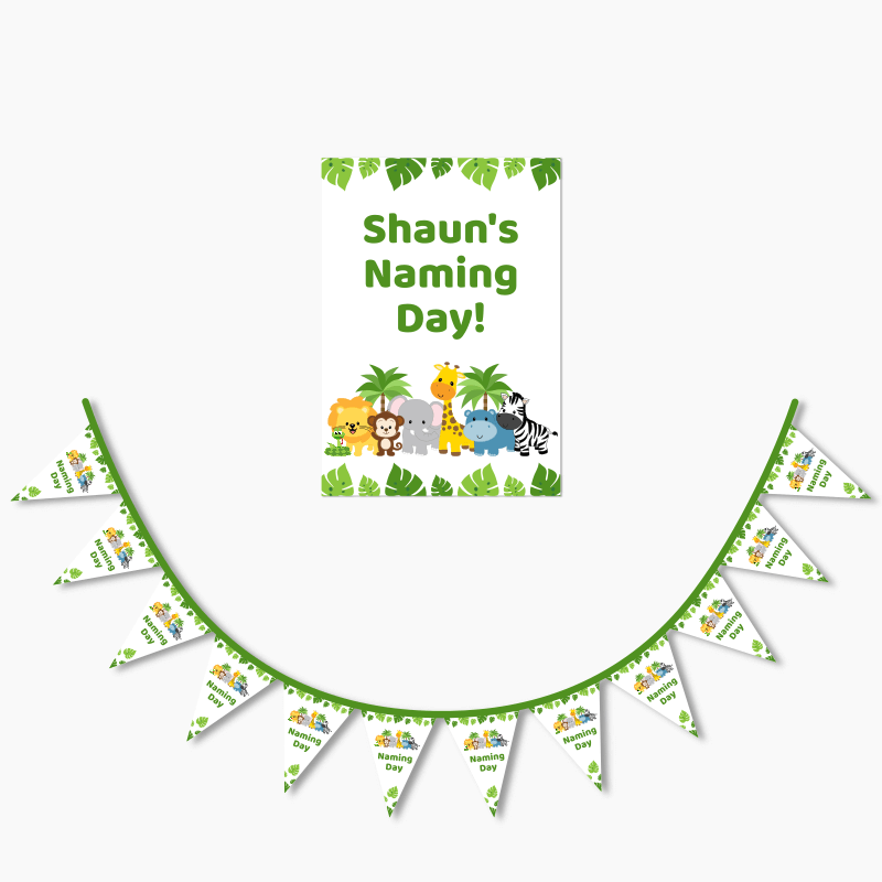 Personalised Jungle Animals Naming Day Poster &amp; Flag Bunting Combo