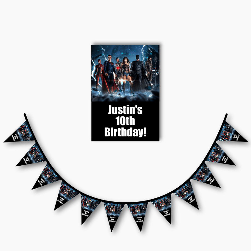 Personalised Justice League Party Poster &amp; Flag Bunting Combo
