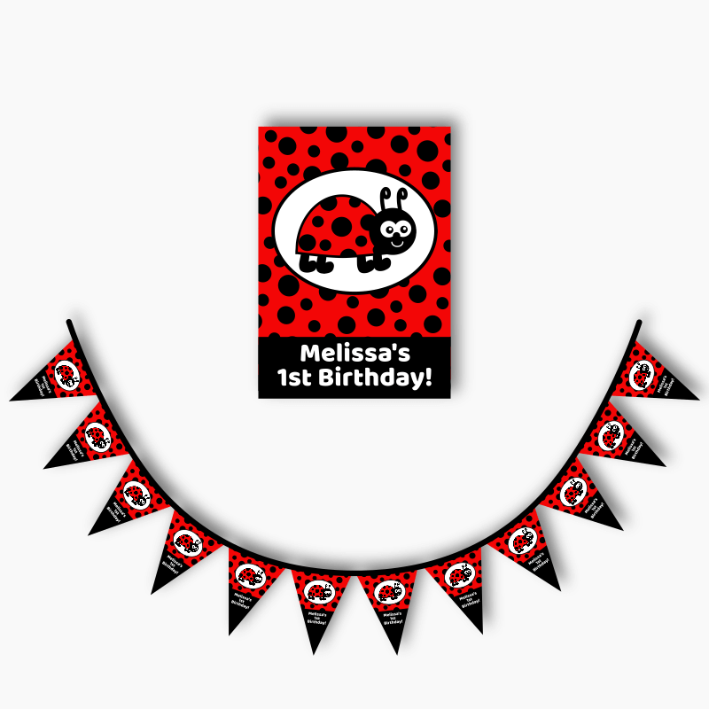 Personalised Lady Bug Party Poster &amp; Flag Bunting Combo