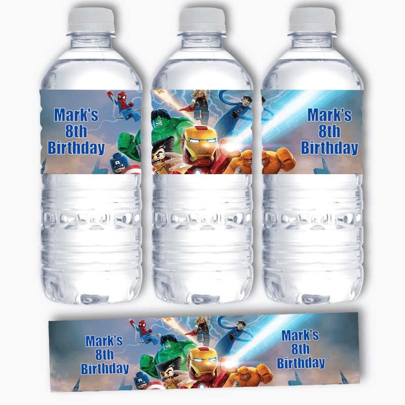 Personalised Lego Superheroes Party Water Bottle Labels