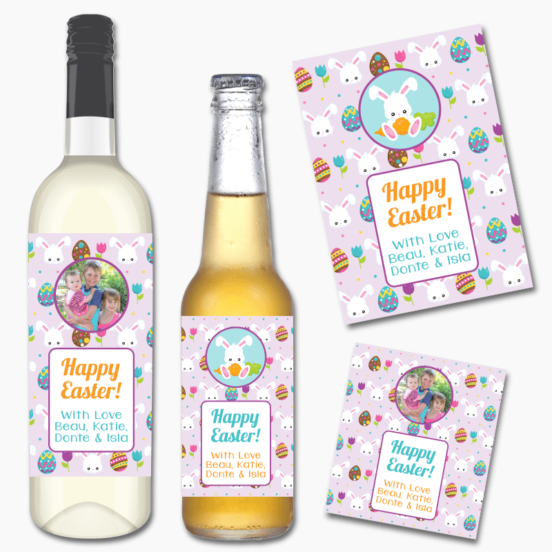 Adults &#39;Lilac Bunny&#39; Easter Gift Wine &amp; Beer Labels