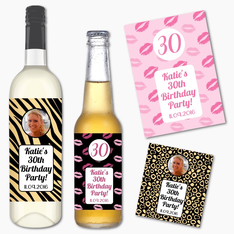 Personalised Lips & Animal Prints Birthday Party Wine & Beer Labels