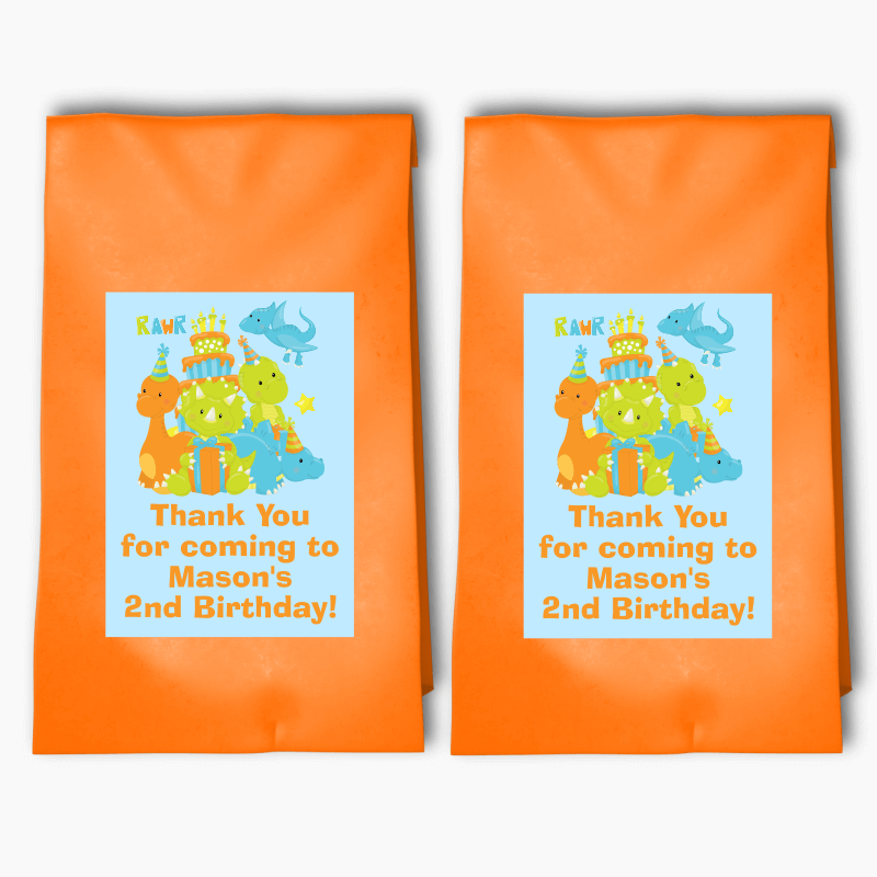 Personalised Little Boys Dinosaur Birthday Party Bags &amp; Labels