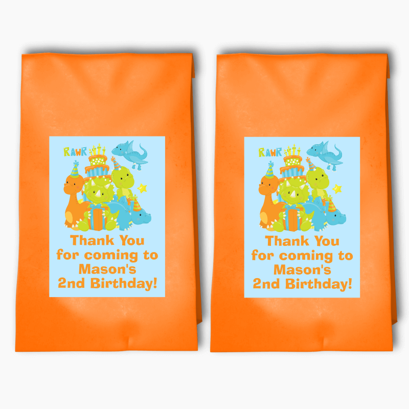 Personalised Little Boys Dinosaur Birthday Party Bags & Labels