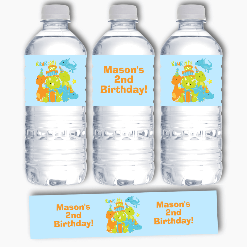 Personalised Little Boys Dinosaur Birthday Party Water Bottle Labels