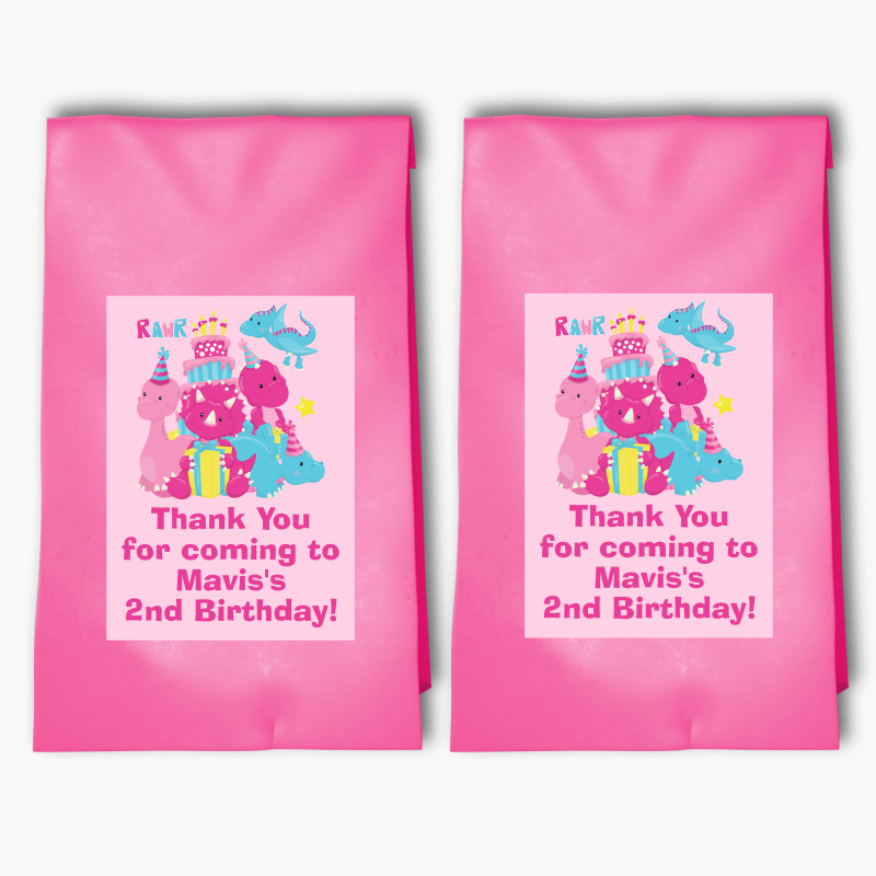 Personalised Little Girls Dinosaur Birthday Party Bags &amp; Labels