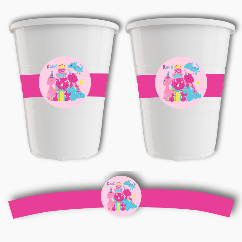 Little Girls Dinosaur Birthday Party Cup Stickers