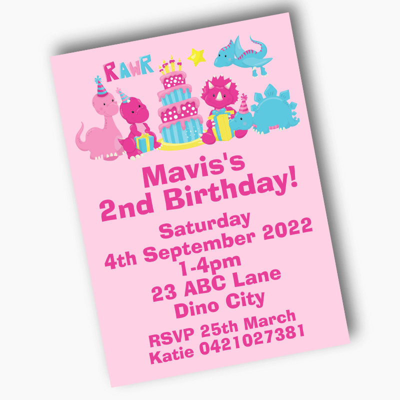 Personalised Little Girls Dinosaur Birthday Party Invites