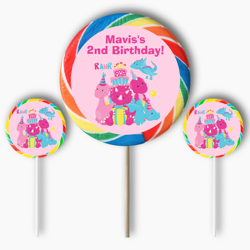 Personalised Little Girls Dinosaur Birthday Party Round Stickers