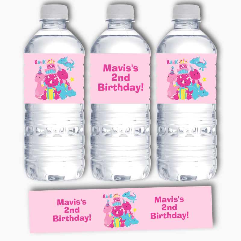 Personalised Little Girls Dinosaur Birthday Party Water Bottle Labels